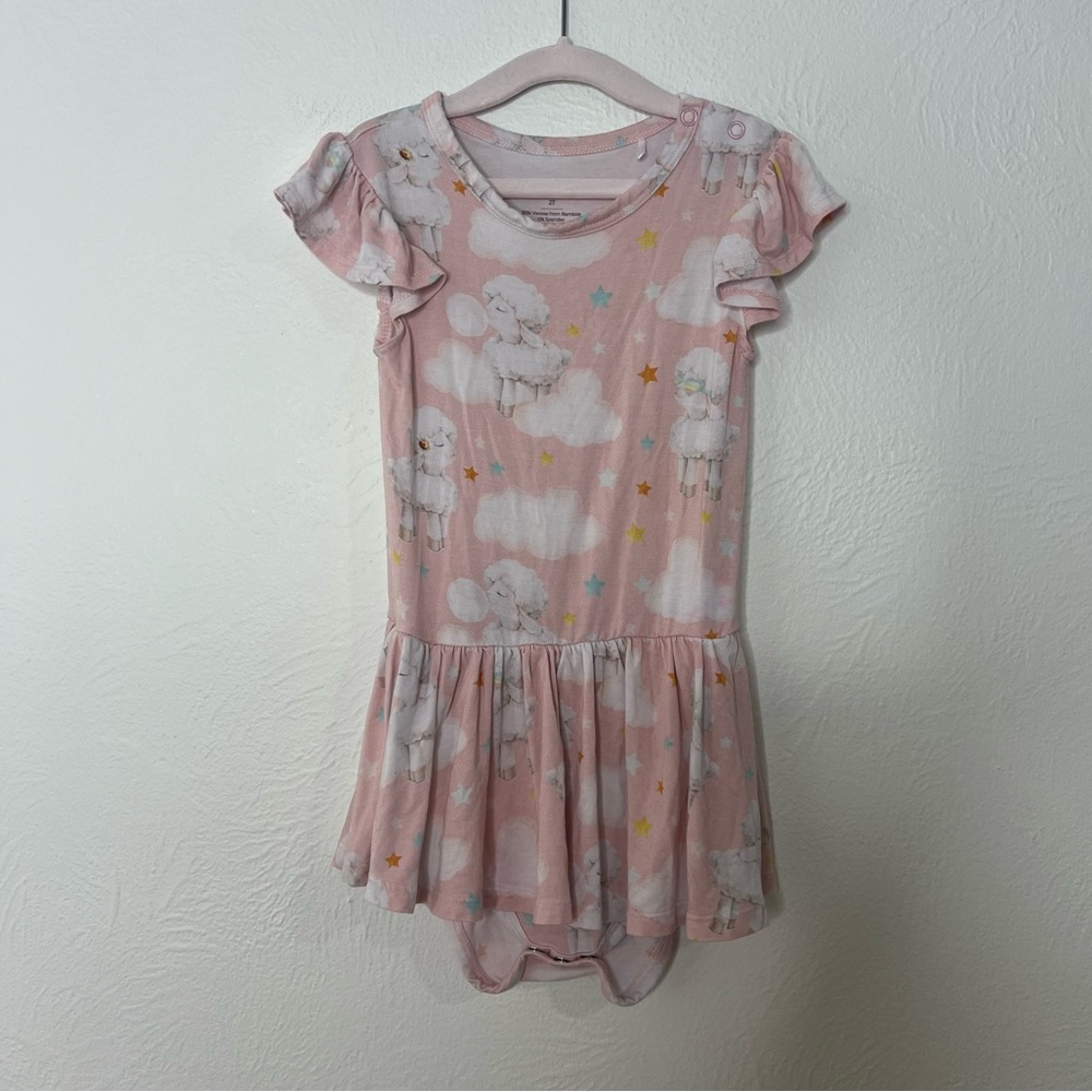 Posh Peanut Bamboo Dress Romper Pink Flutter Sleeve Sheep Cloud Print Size 2T